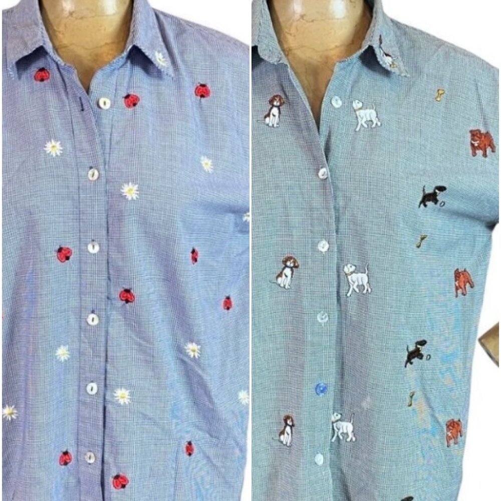 Bundle of 2 VTG TEDDI Embroidered Novelty Ladybug & Dog Button Up‎ Tops L #228M